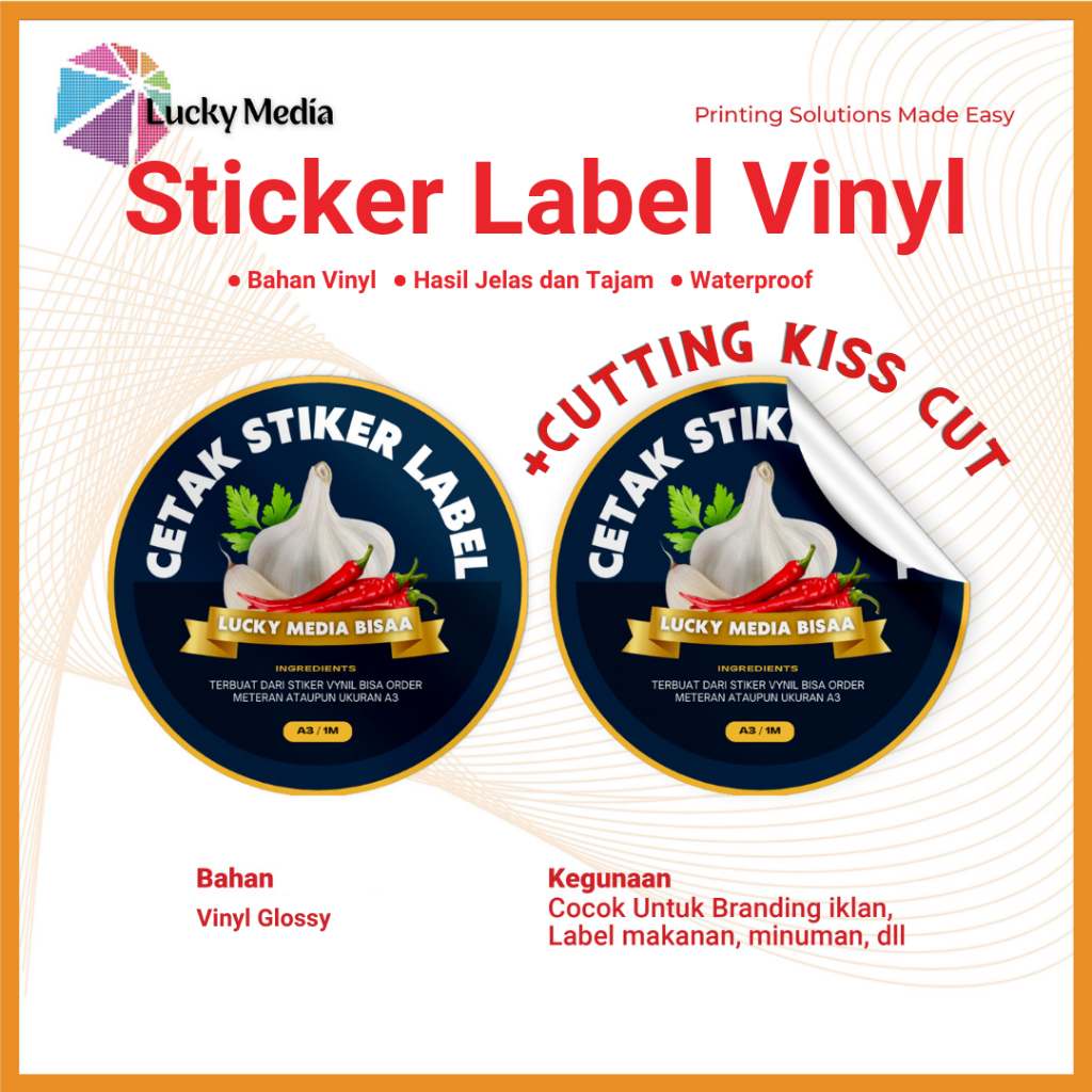 

Cetak Sticker A3+ Label Vinyl Cutting Kiss Cut Custom Stiker Vynil Glossy Olshop Makanan Lucky Media