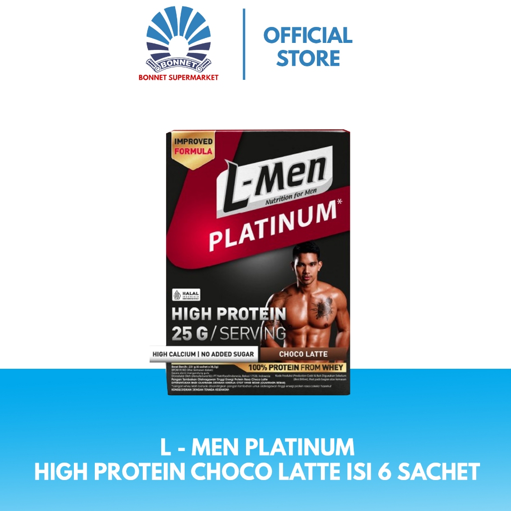 L-Men Platinum Choco Latte Box isi 6 sachet (25g protein) - Suplemen Tinggi Whey Protein Rendah Lema