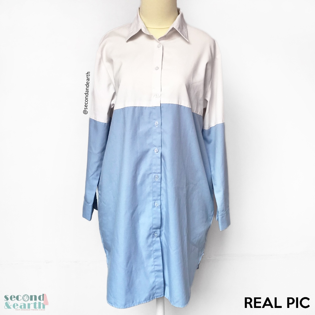 Bittersweet Shirt Dress (XS-M) Terusan Kerja Wanita Dress Kemeja Lengan Panjang Katun Putih Biru Mud