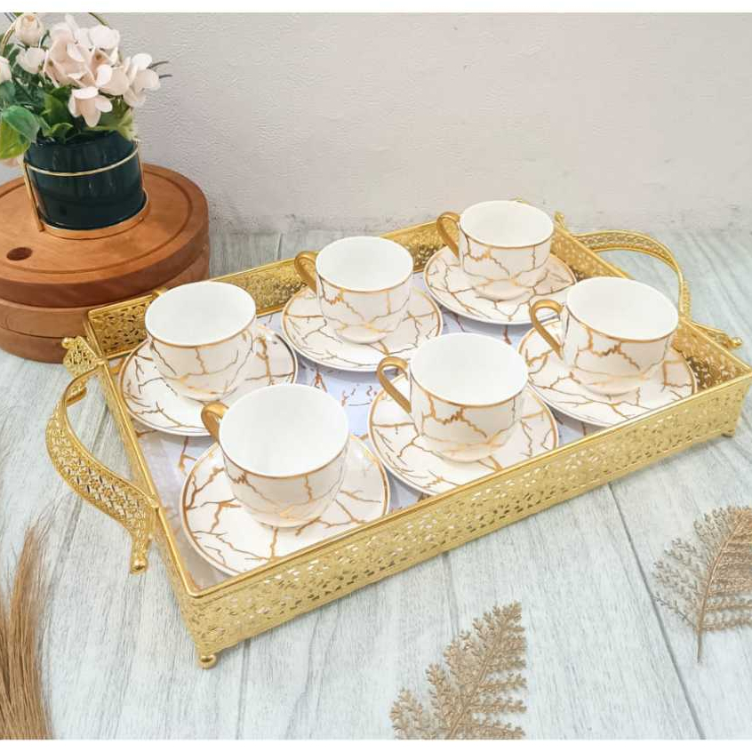 Cangkir Teh/Kopi Set Marble Putih  Formia + Nampan
