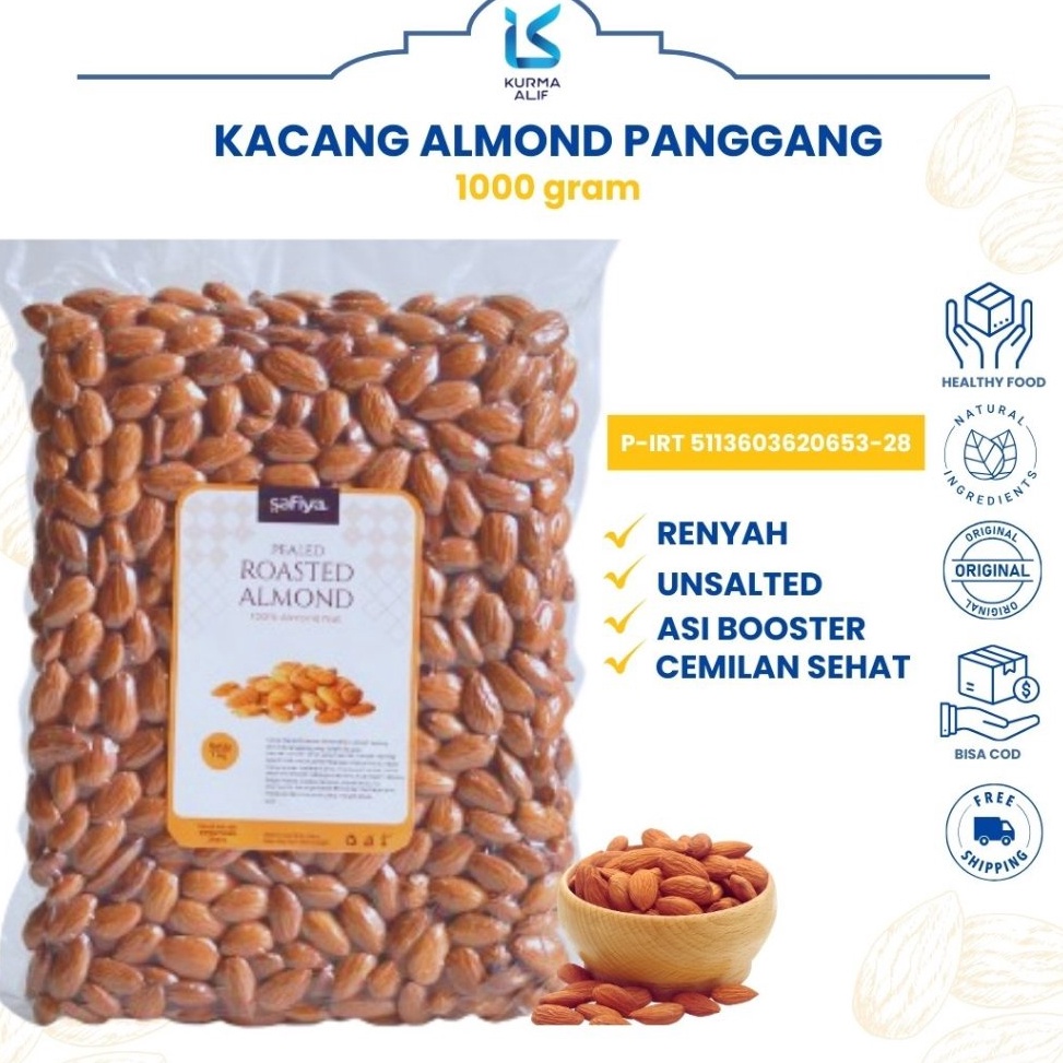 

GROSIR MURAH Kacang Almond Panggang Renyah 1 Kg Almond Roasted Unsalted Vacuum Premium