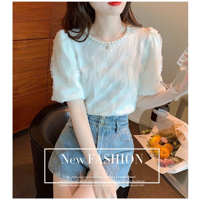 Blouse wanita warna putih cantik Korea lengan pendek elegant