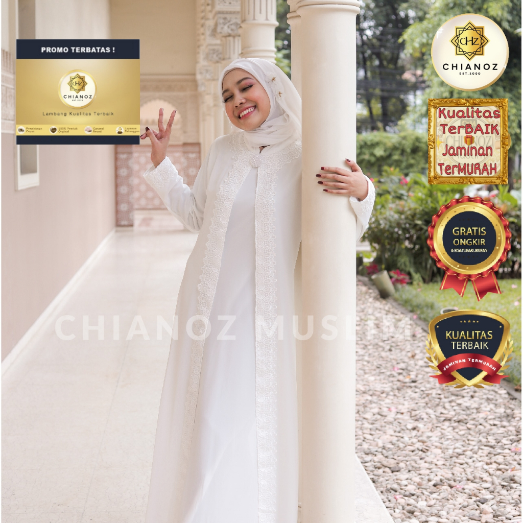 CHIANOZ Gamis Putih Mewah Wilona Dress Brukat Renda Baju Lebaran Umroh Haji Manasik Pesta Akad 116