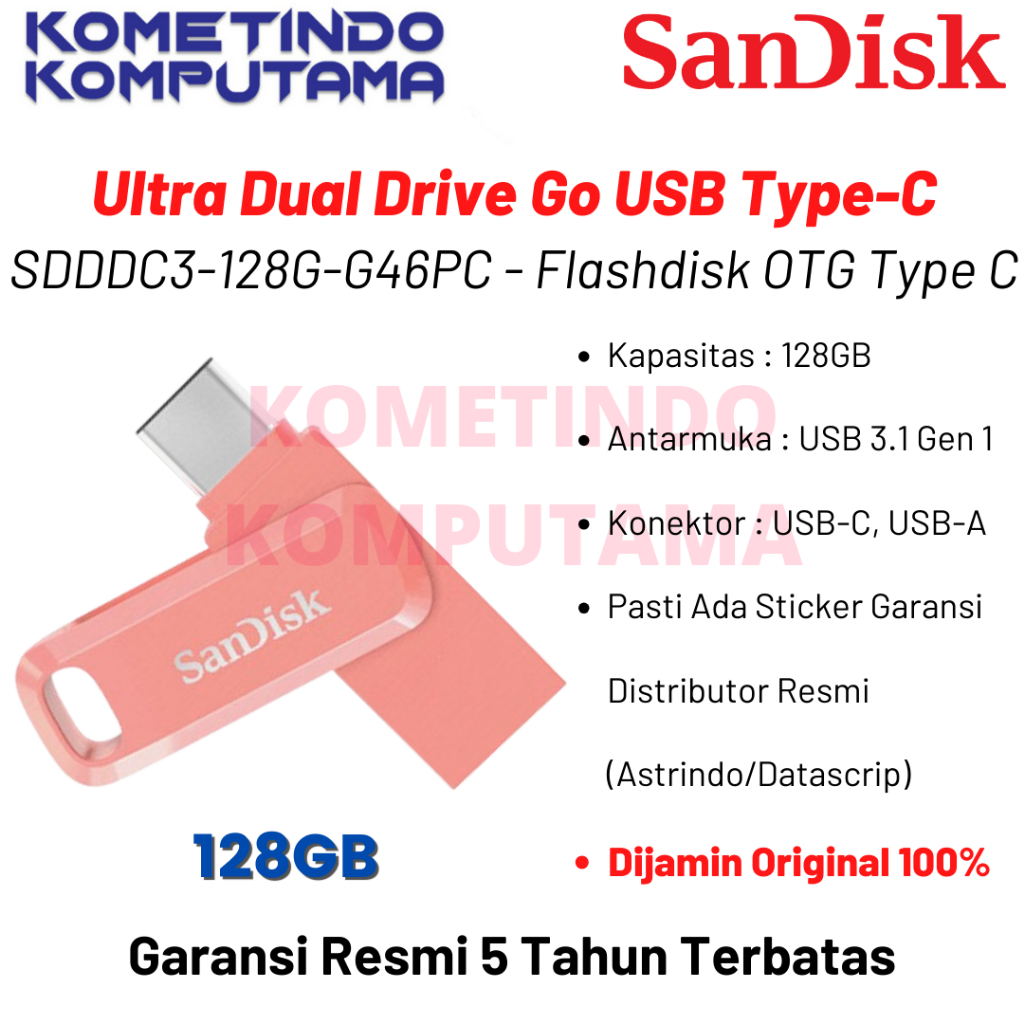 OTG FD 128GB PINK SANDISK ULTRA DUAL DRIVE GO USB Type-C 128GB SDDDC3-128G-G46PC FLASHDISK - Garansi Resmi 100% ORIGINAL