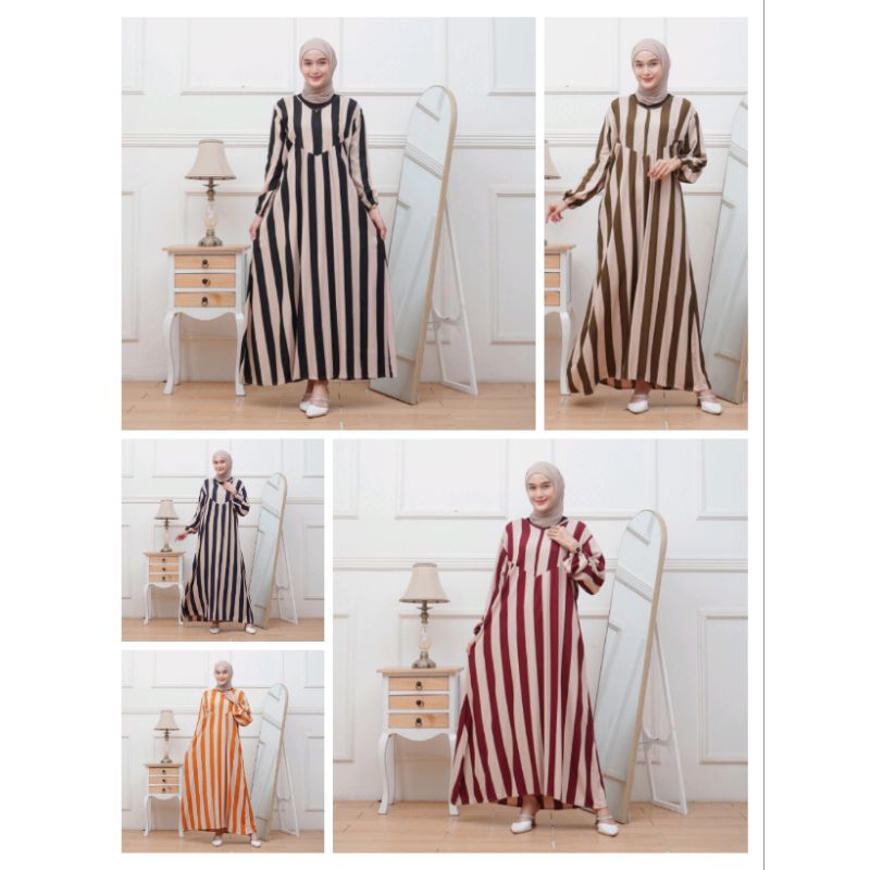 Gamis rayon motif salur, bahan rayon tebal