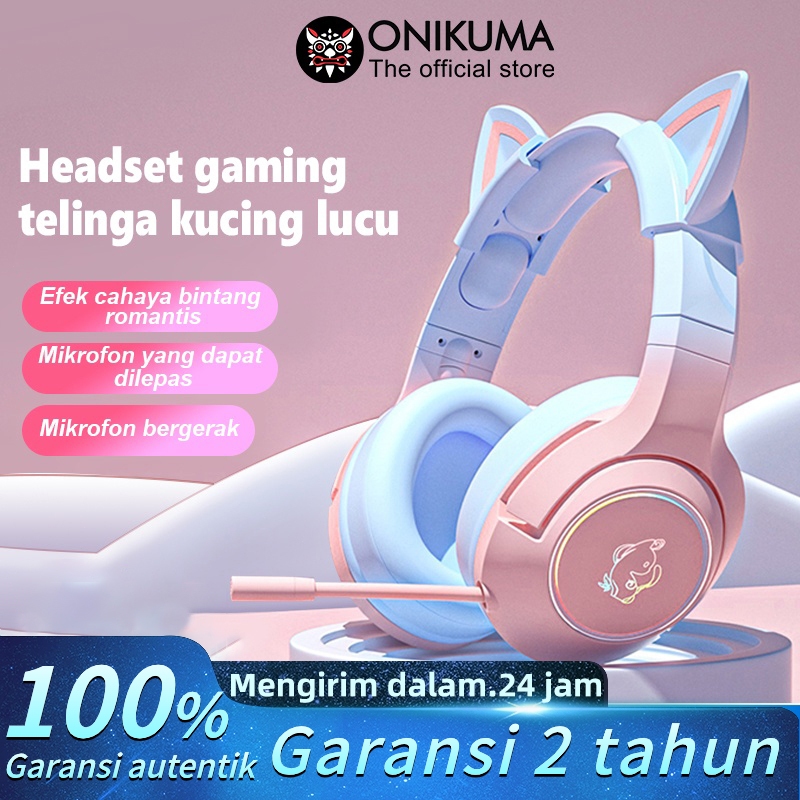 ONIKUMA K9 Kucing Telinga Headphone Headset Gaming Kabel dengan Mikrofon Gadis Lucu Biru Pink Gradie