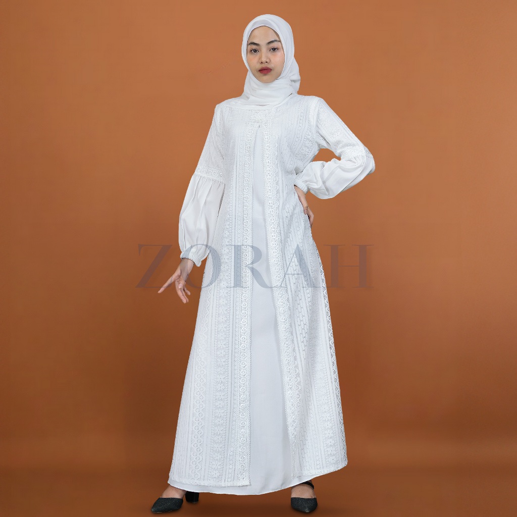 Exclusive Zorah Gamis Brukat Putih Wanita Mewah Dan Elegan Terbaru Dress Brokat Bunga Putih Simple