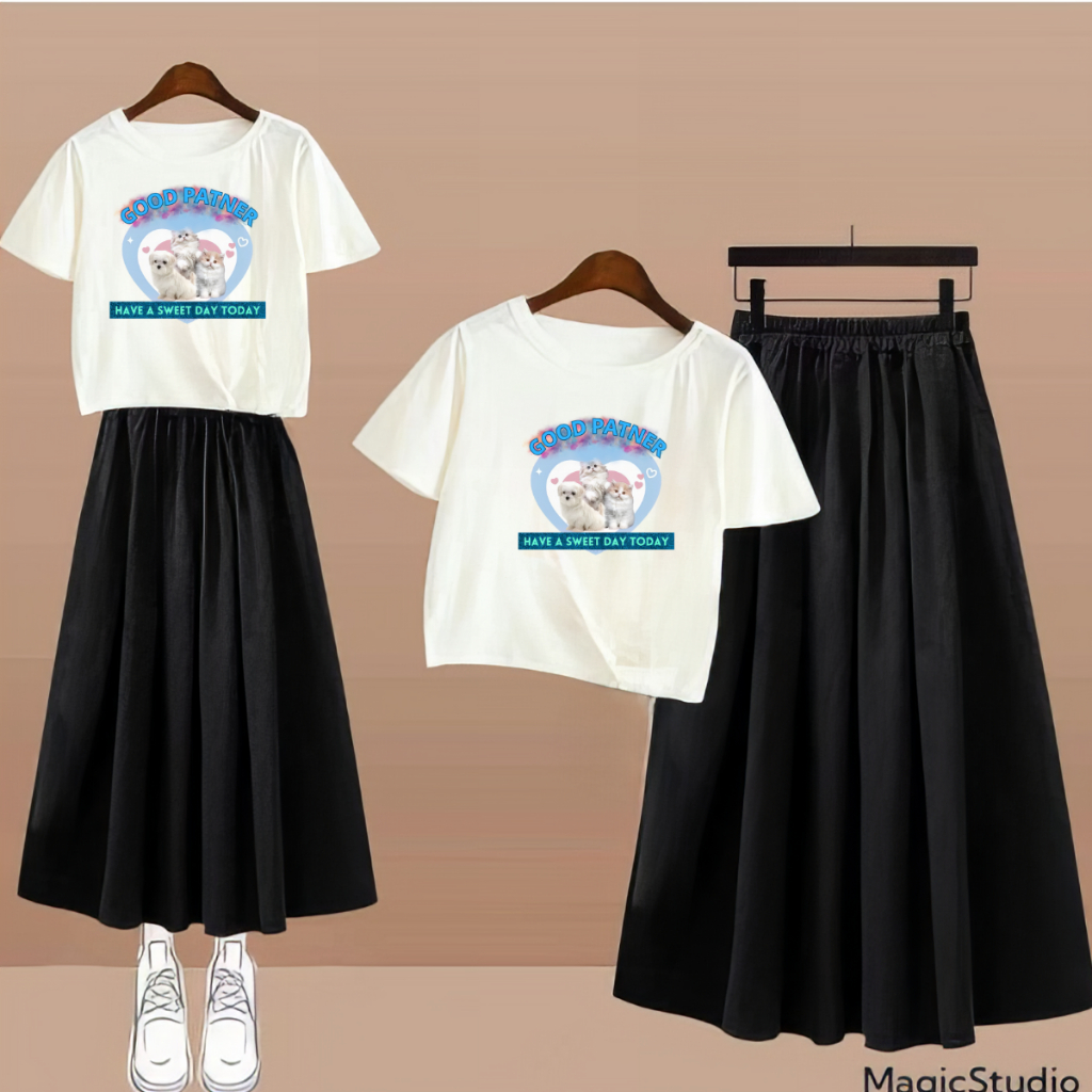 Choice Ali - Set 2 in 1 Remaja Korea Dapat Baju Crop Oversized Dan Rok Panjang Good Patner