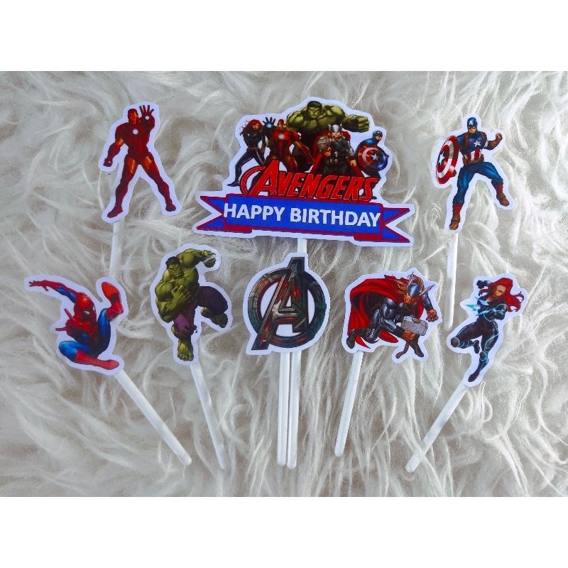 Topper Cake Ultah/Avengers/8pcs/Fullstick/Free Custom Nama & Tulisan