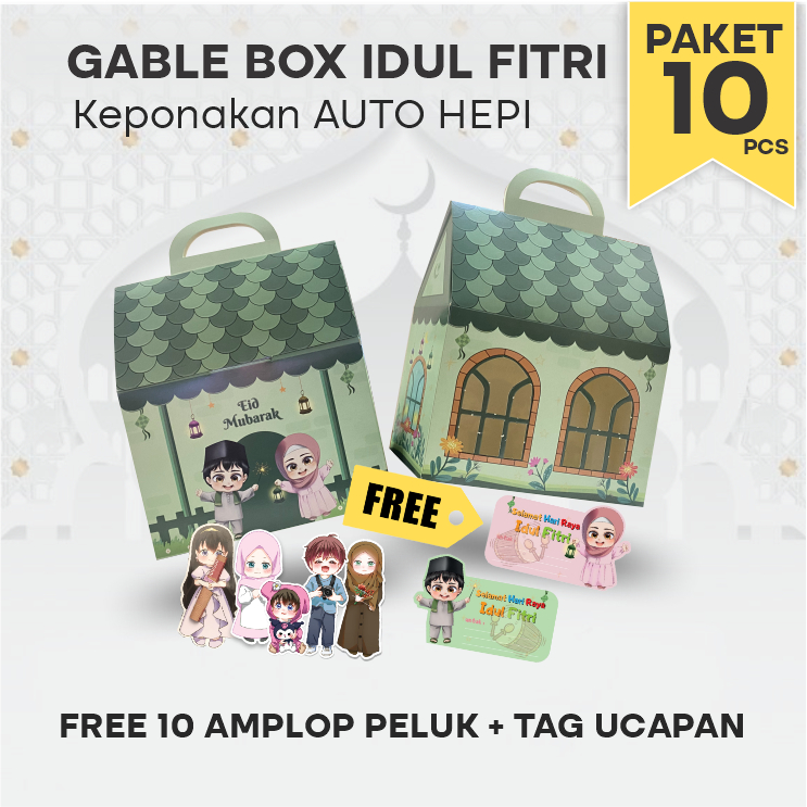 

Gable Box Hampers Lebaran 10pcs/ Motif Rumah Idul Fitri / Parcel Hari Raya Anak Keponakan (Paket 10pcs)