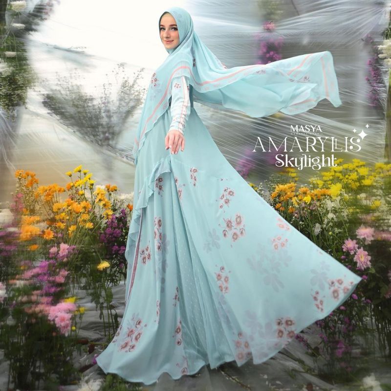 Set Gamis Dress Ceruty Babydoll Printing Premium Syari Branded Biru Muda - Sky Light -  Kuning - Gre
