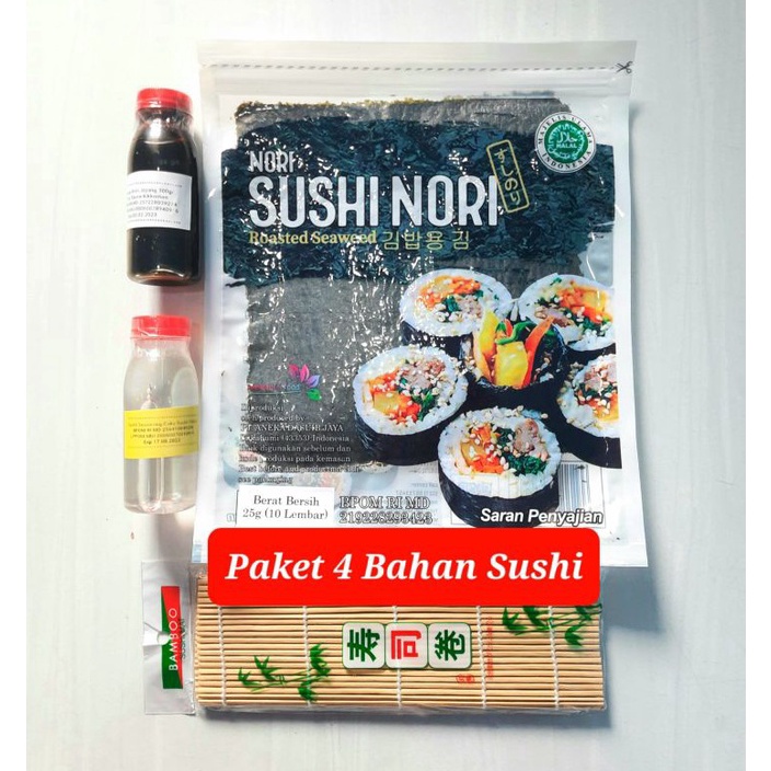 

TERBARU Paket 4 bahan sushi isi nori java sakao bambu shoyu cuka halal rumput laut soy sauce vinegar bahan sushi