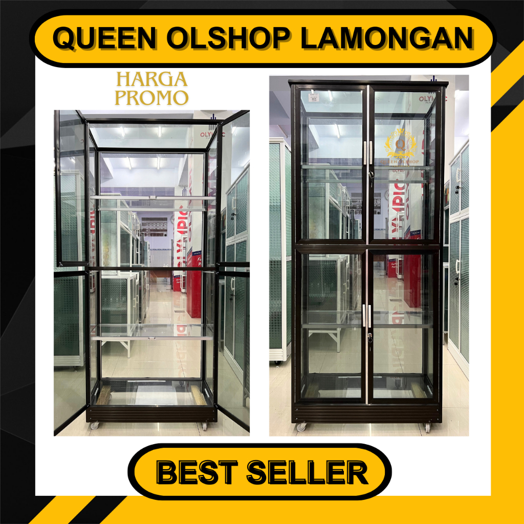 [PROMO] Lemari Almini Rak Boneka Hitam Kaca Bening Kaki Full / Kaca Riben Kaki Spandril / Piala