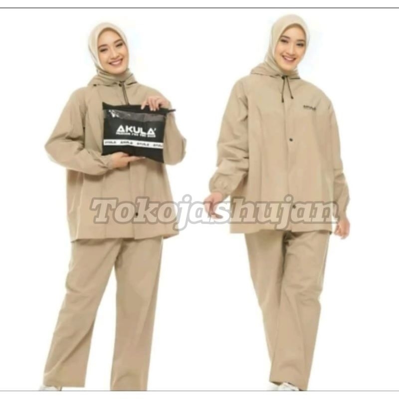 Jas Hujan AKULA Pria Wanita Bahan Tebal Setelan Baju Celana Cream