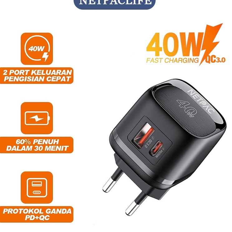 NetpacLife 4W Charger Quick Charger QC3 TypeCUSB PD Kepala Charger iphone oppo xiaomi Samsung Ipad o Premium