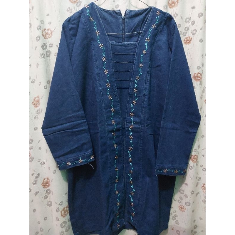Tunik Wanita Bordir Biru Dongker | Dress Lengan Panjang | Preloved Kondisi Baik
