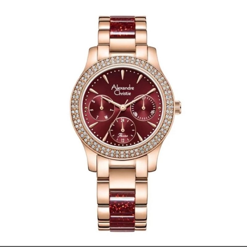 ORIGINAL GARANSI RESMI 1 TAHUN JAM TANGAN WANITA ALEXANDRE CHRISTIE ANALOG RED ROSE GOLD RANTAI STAI