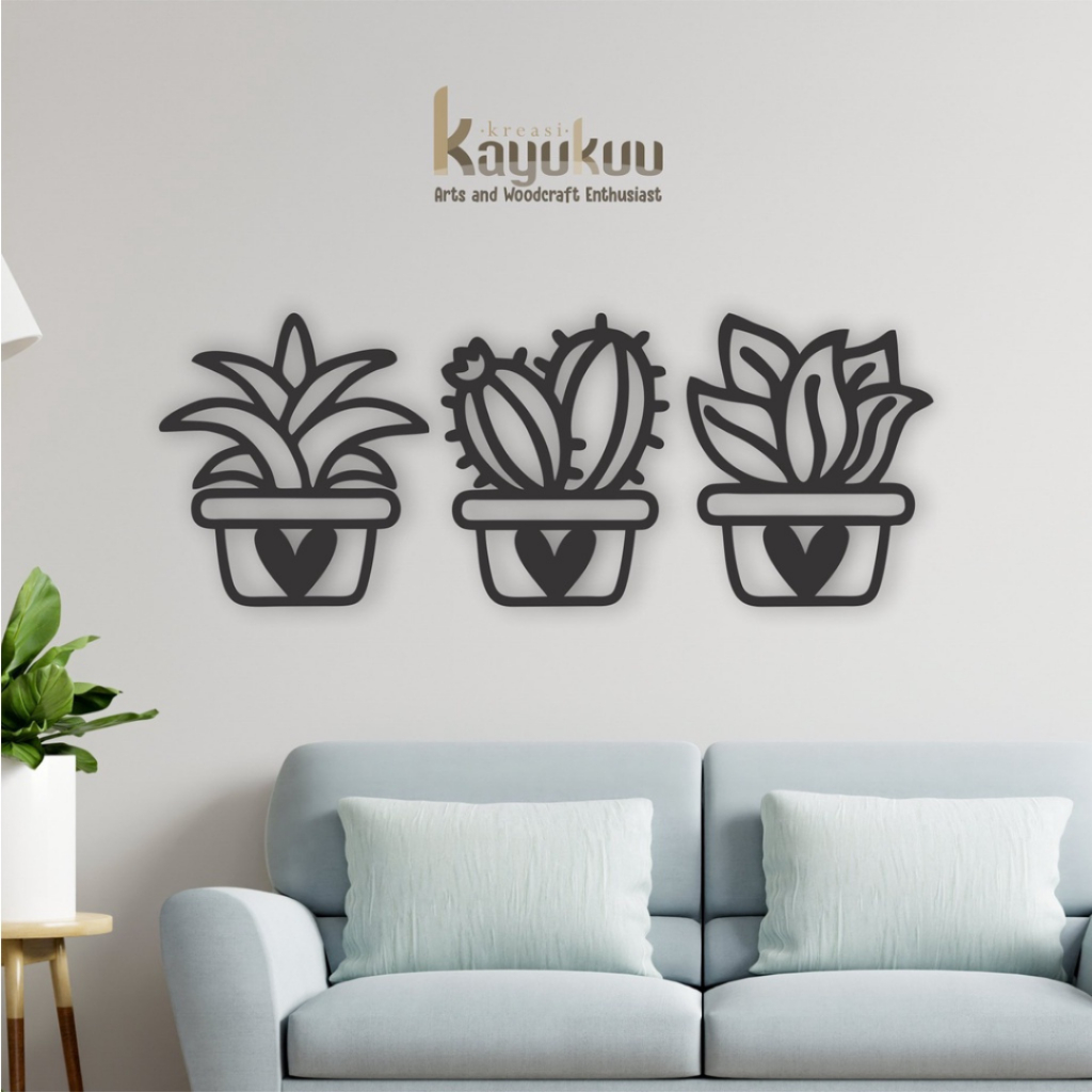 Kreasikayukuu Hiasan Dinding Kaktus Minimalis 3pcs Walldecor Cutting Bahan Plywood 3mm