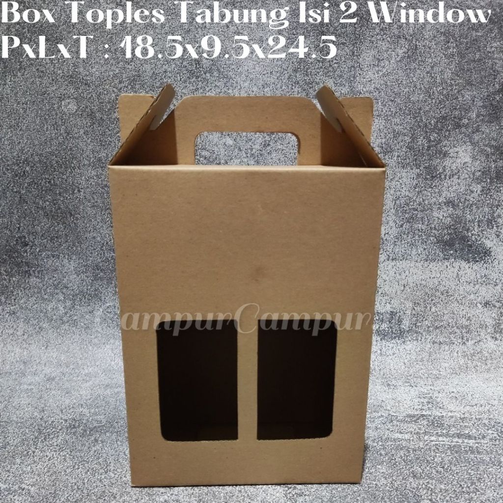 

Box Kardus Eflute Gable Box Jinjing Window untuk Toples Tabung isi 2 18.5x9.5x24.5 Box Kue Kering Hampers