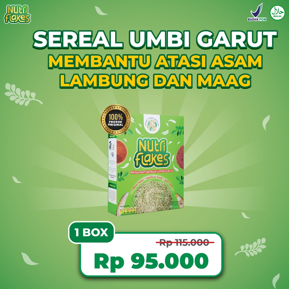 

Grosiran Murah NUTRIFLAKES Sereal Umbi Garut Atasi Asam Lambung Secara Alami Tanpa Efek Samping 1 Box serbuuu