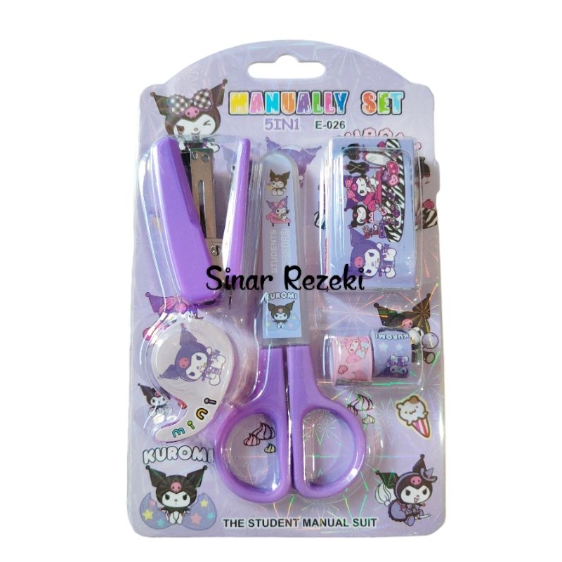 

1 set!!Set alat tulis 5in1/perlengkapan sekolah anak/alat tulis anak/stapler murah lucu sanrio kuromi