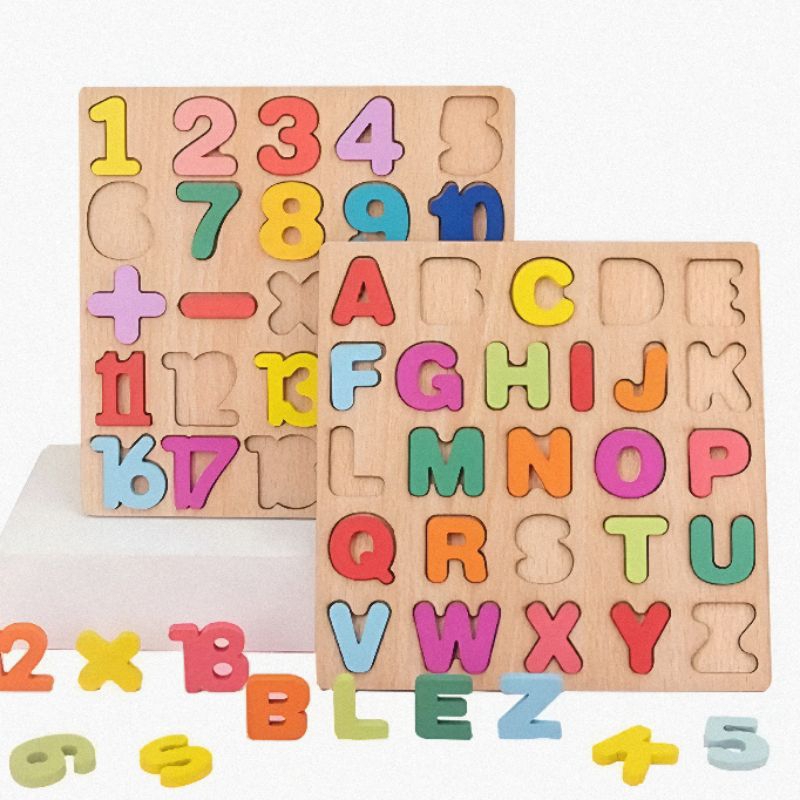 Mainan Kayu Anak Puzzle Kayu 3D Huruf Angka Balok Susun