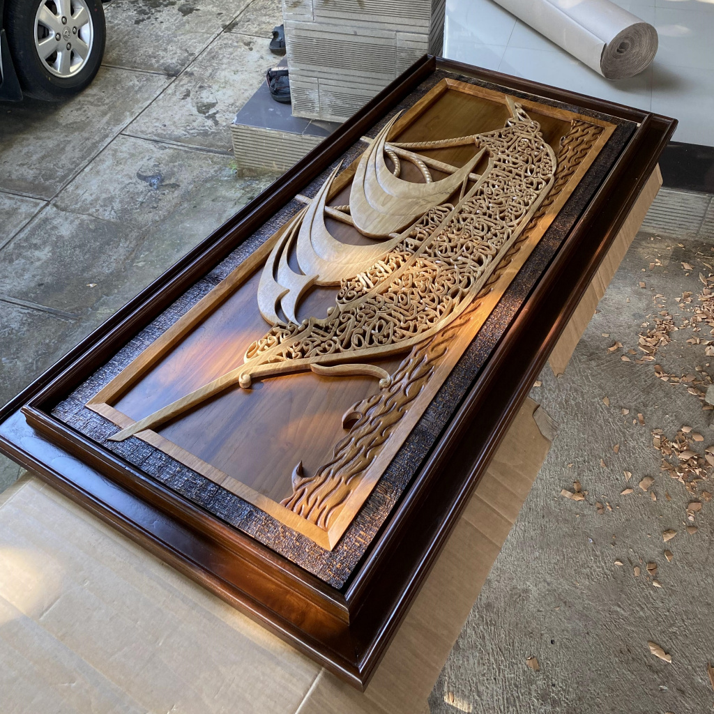 Kaligrafi Ukir Kayu Jati Ayat Kursi Model Kapal Ukuran Besar