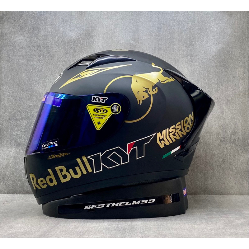 KYT R10 Solid Black Doff || Paket Stiker Red bull Gold - Helm Full Face - Single Visor