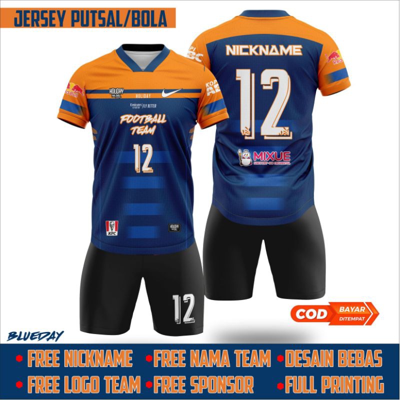 KAOS JERSEY FUTSAL / SEPAK BOLA DESAIN BEBAS FULL COSTUME, FULL PRINTING, FREE NICKNAME, SPONSOR, NA