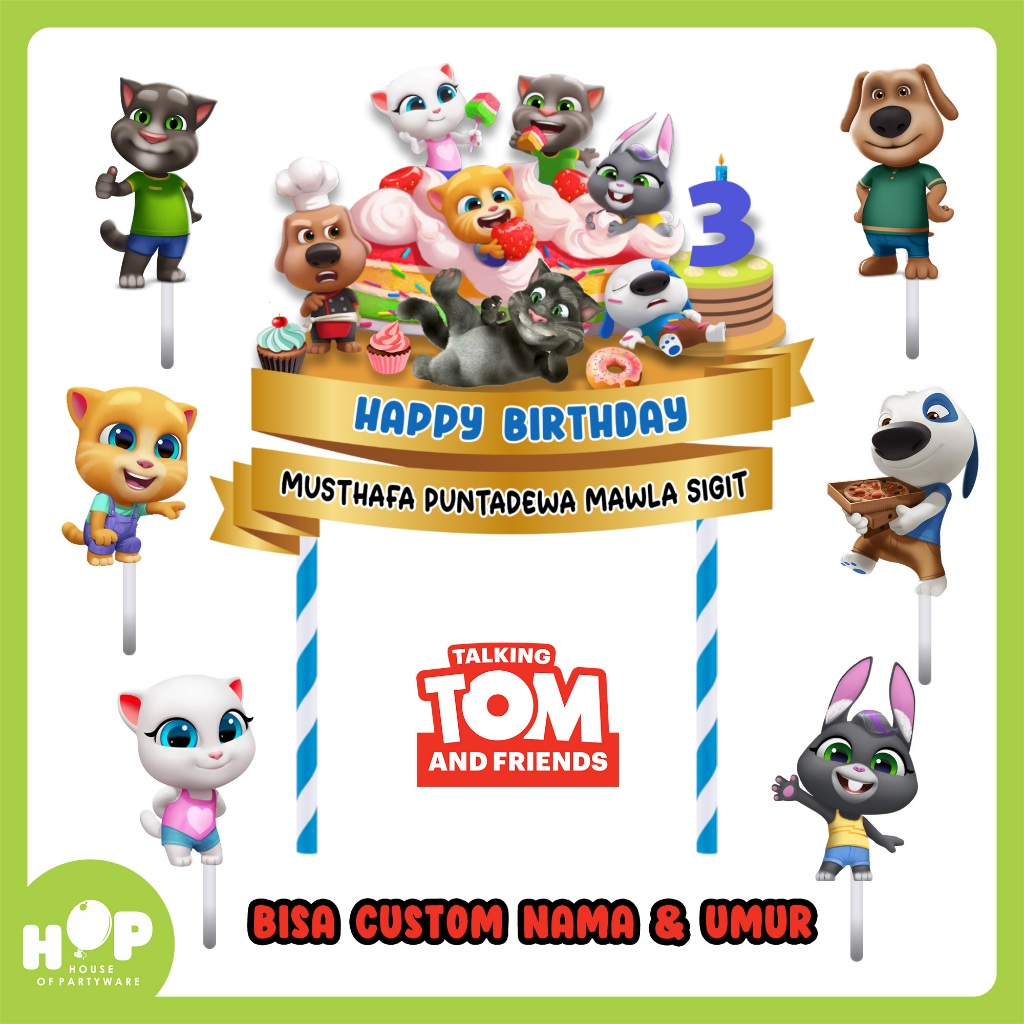 Limited Cake Topper Talking Tom + Custom Nama / Hiasan Kue Ulang Tahun