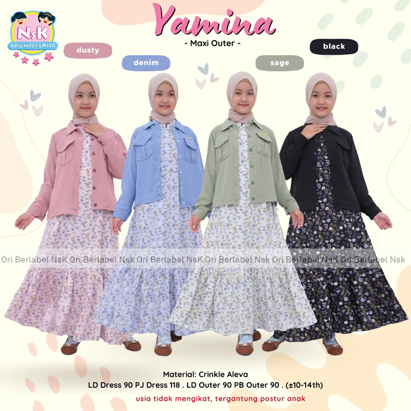 YAMINA MAXI OUTER • NSK • maxy gamis dress motif bunga + outer polos anak remaja