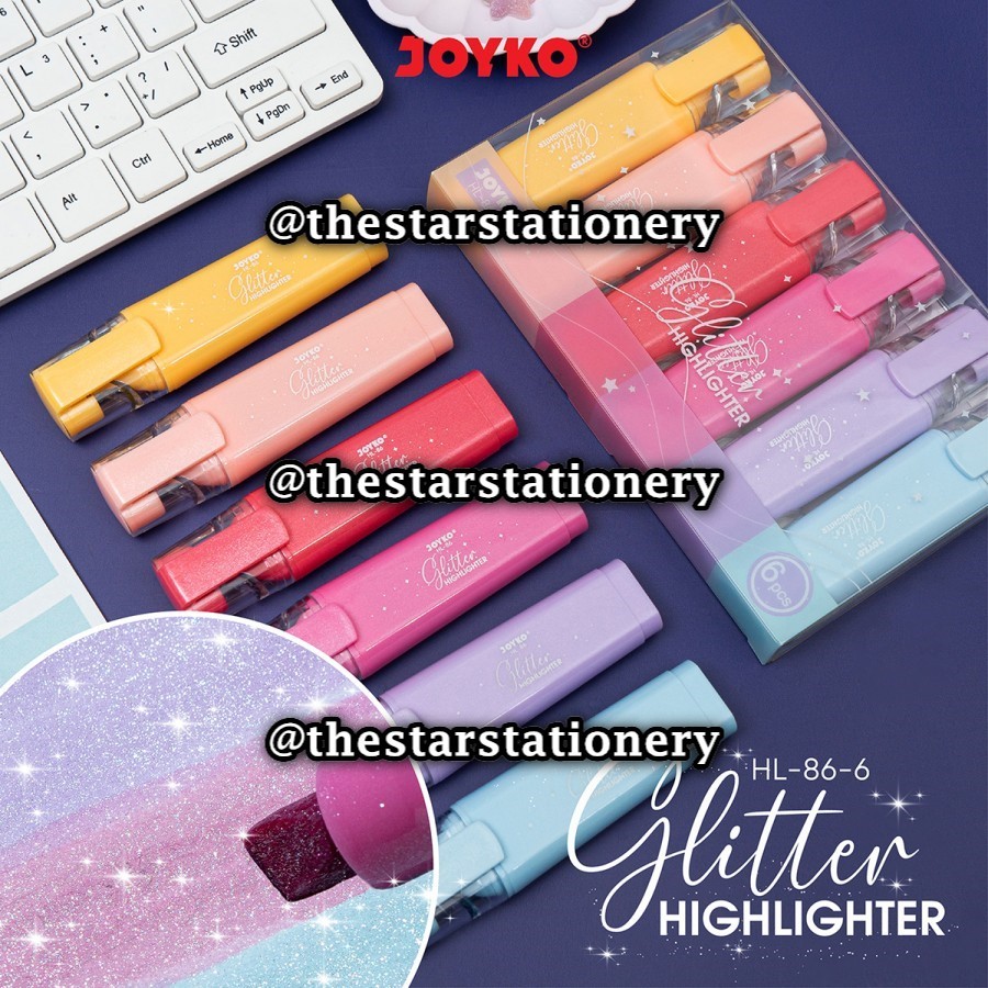 

(1 Set/6 Warna) GROSIR Highlighter Joyko HL-86-6 Glitter / Penanda Berwarna Joyko HL-86-6 (1 Set/6)