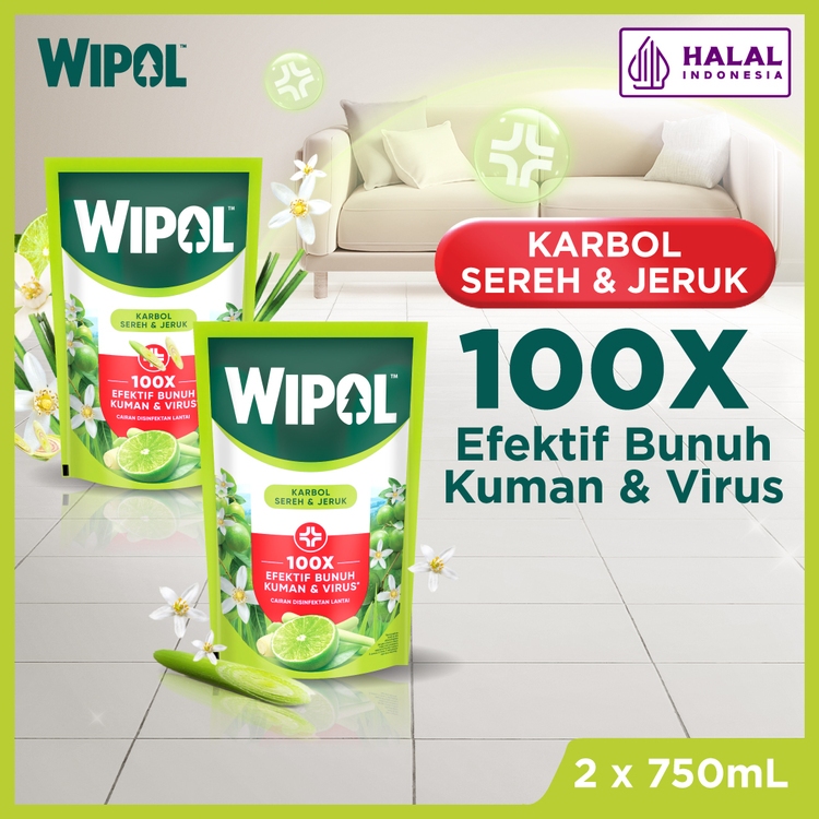 Wipol Pembersih Lantai Cairan Disinfektan Teruji Dermatologis Sereh & Jeruk 750 mL x2