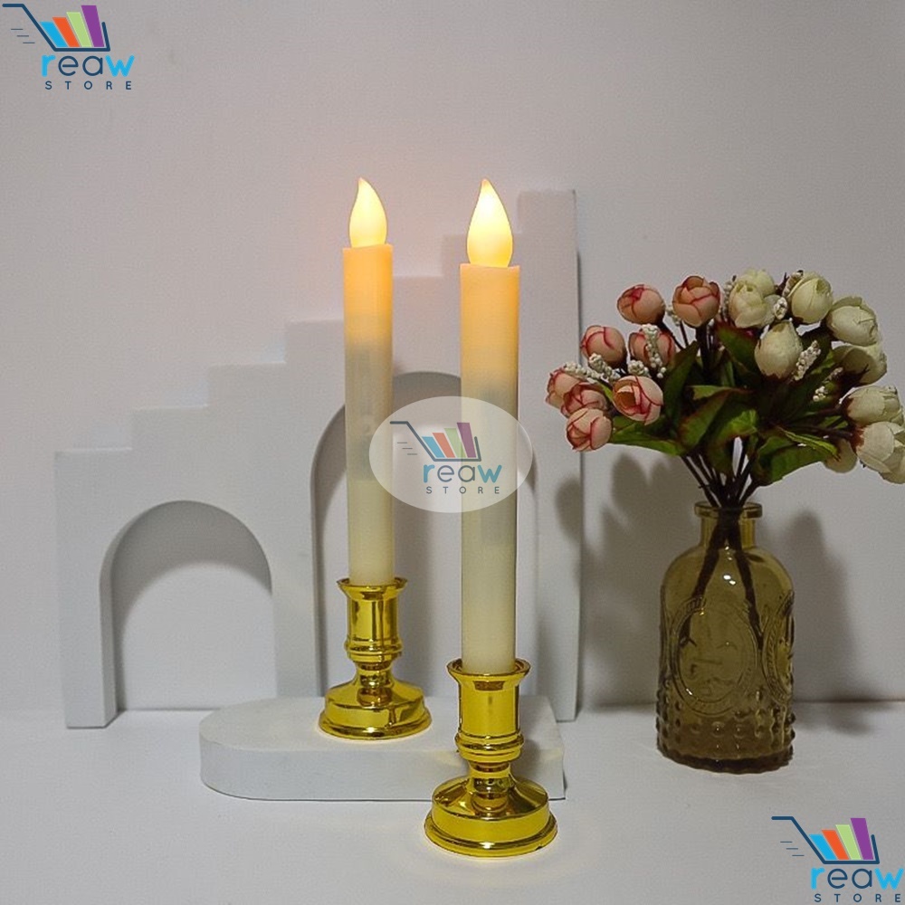 Lilin LED Putih Panjang Altar Tatakan Gold Hiasan Dekorasi Meja