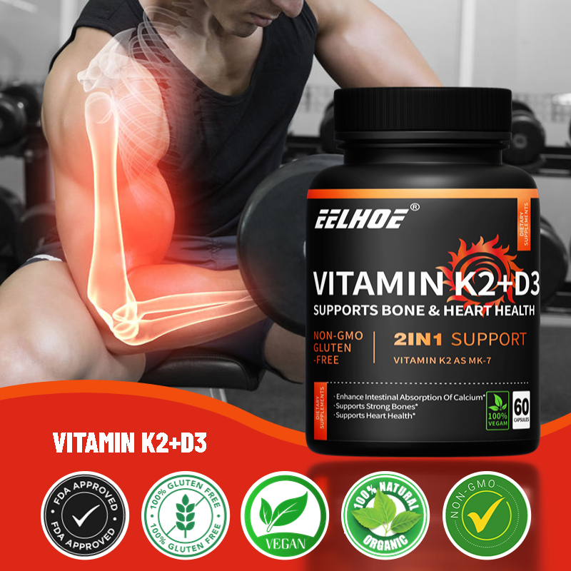EELHOE Vitamin K2 (Mk7) Dan Vitamin D3 5000IU, 2-In-1 Untuk Meningkatkan Kesehatan Jantung, Mendukung Kesehatan Sendi, Tulang, dan Gigi