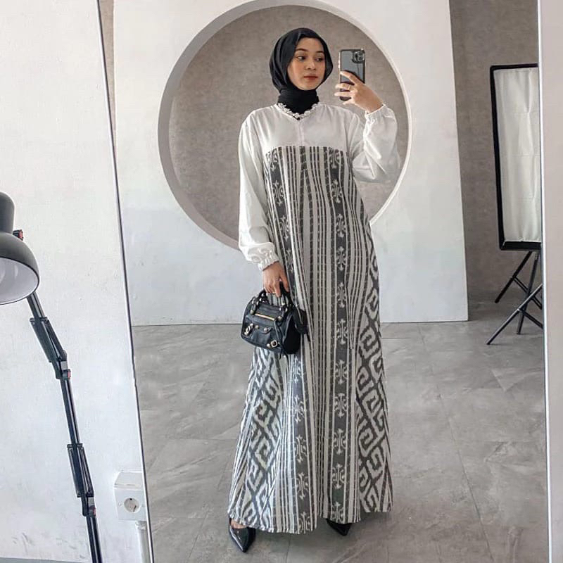 Gamis Tenun Toraja Putih Abu Baju tenun Etnik