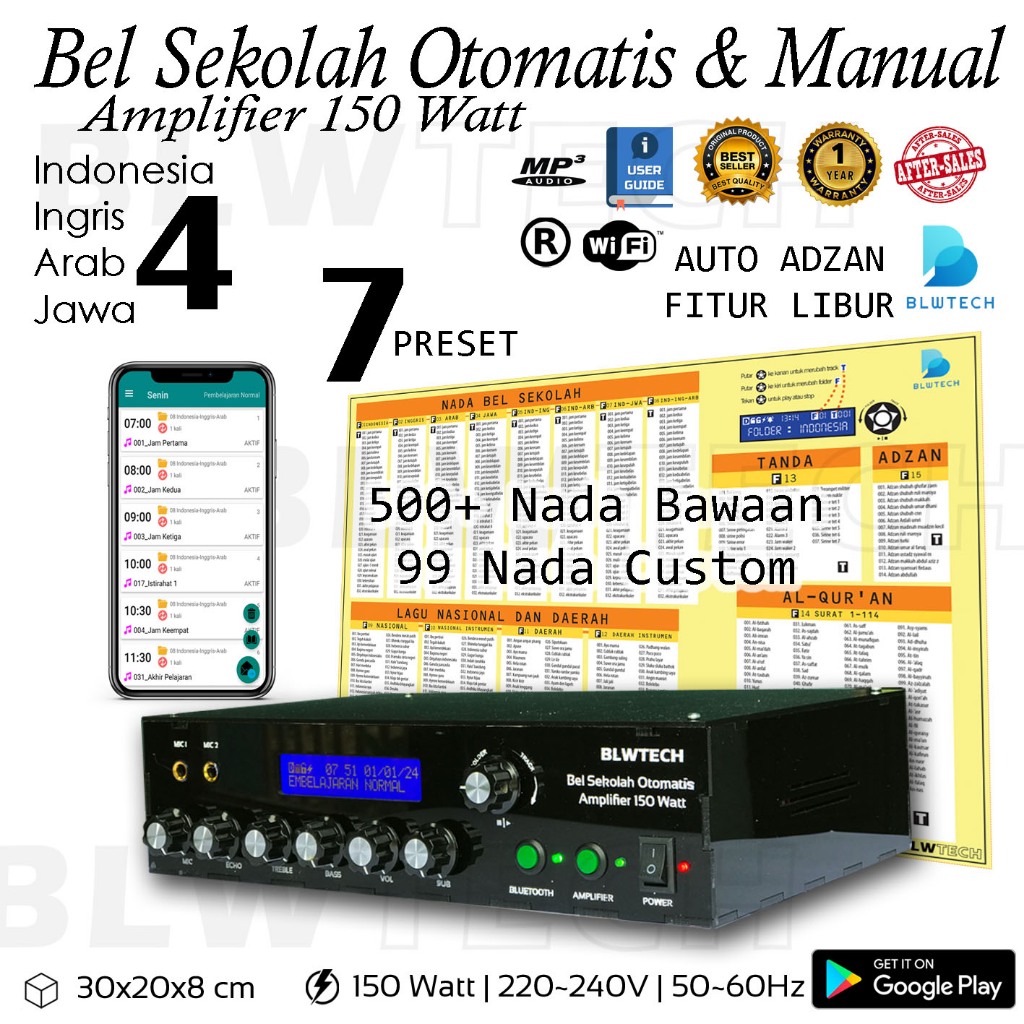 Bel Sekolah Otomatis Manual Pro dengan Ampli 150W Mic Bluetooth setting Aplikasi Android