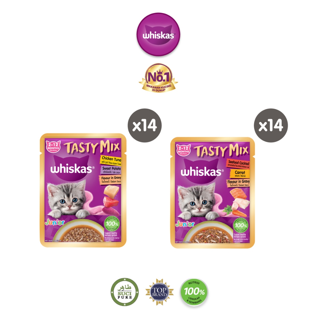 Whiskas Tasty Mix Gravy Makanan Kucing Basah Pouch Junior 70 gr - Isi 14