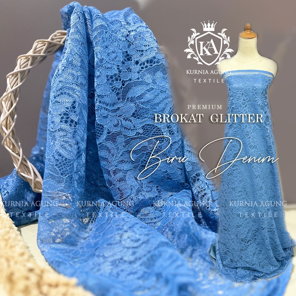 Brukat Lace Glitter Premium Denim Kain Brokat Kebaya Gaun Terbaru 2024 per 50cm Lebar kain 150cm