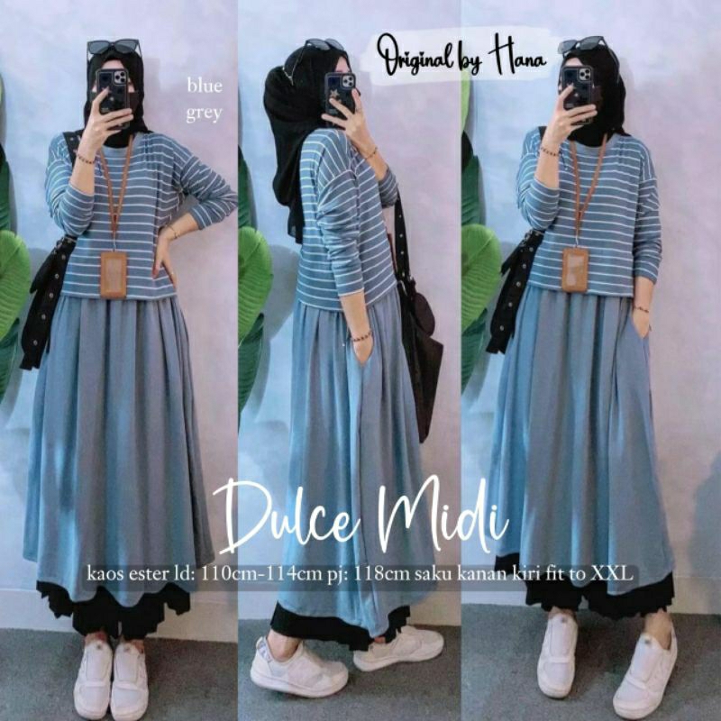 Dulce Midi Dress Casual Bahan Kaos Aster Gamis Kekinian Original Hana