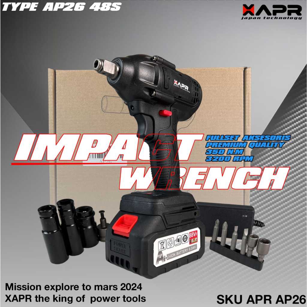 impact wrench 48s AP26 APR JAPAN tech mesin pembuka baut ban mobil motor CVT baterai cordless 350nm