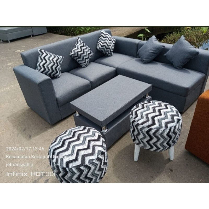 SOFA L PUTUS + 2 STOOL BULAT / SOFA KOTAK / SOFA MINIMALIS / SOFA PALEMBANG / SOFA RUANG TAMU