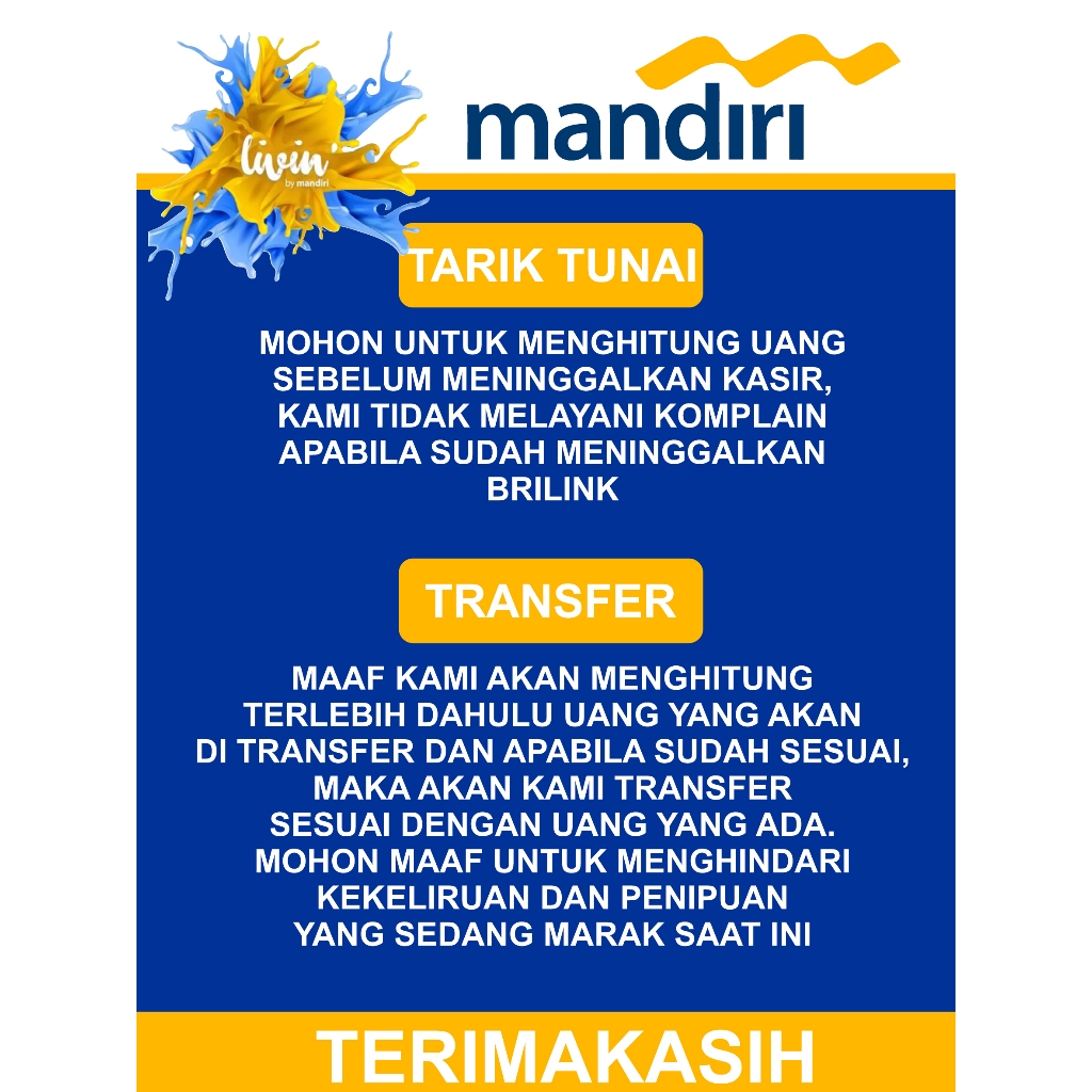 

STIKER WATERPROOF LIVIN MANDIRI PENGUMUMAN HITUNG UANG DI KASIR