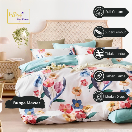 Bedcover Set Cotton Premium Velliya Motif Bunga Mawar Random Size 150x190x40 180x190x40