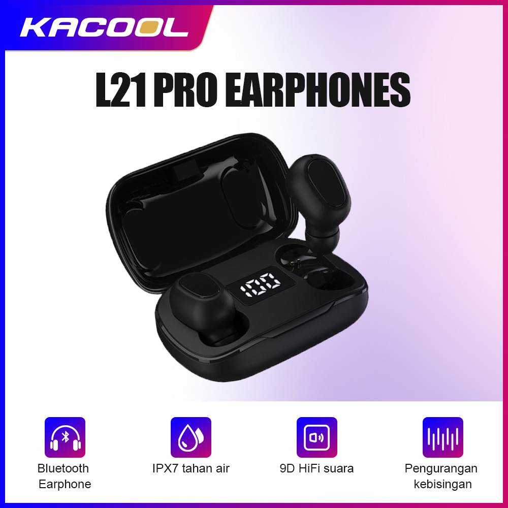 L21 Pro Tws Bluetooth 5.0 Earphones dengan tampilan kuning nirkabel Led