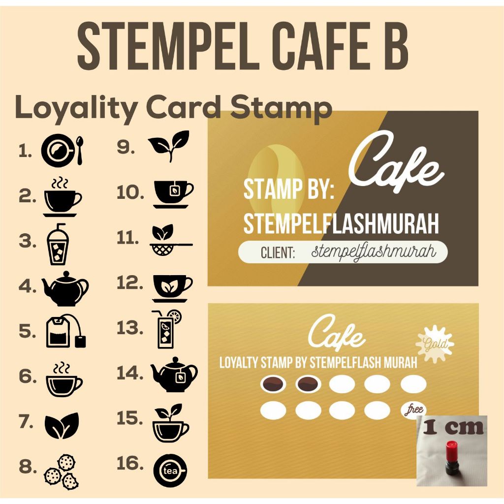 

stempel promo cafe B 1cm loyality kartu nama member card coffee kopi teh tea shop resto drink beverage flash stamp otomatis