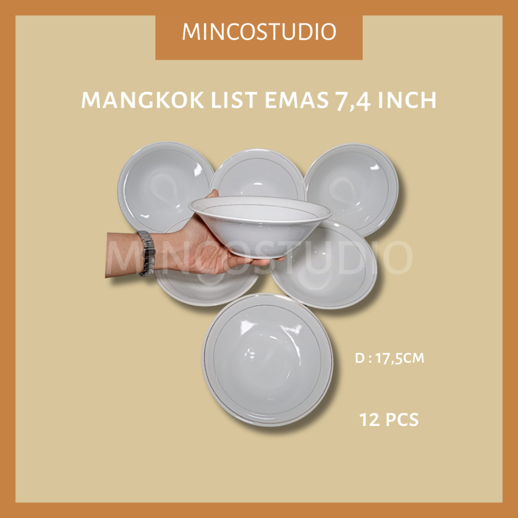 [VIA INSTANT] MANGKOK LIST EMAS 7,4 INCH 12 PCS / MANGKOK PUTIH KERAMIK LIST EMAS 7,4 INCH