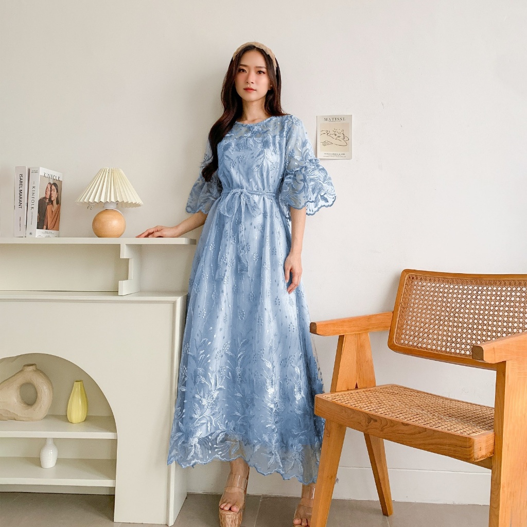 Dress Daniella Long Dress Size M L XL Matt Brokat Tile Import Lapis Furing Hyget, Resleting Belakang