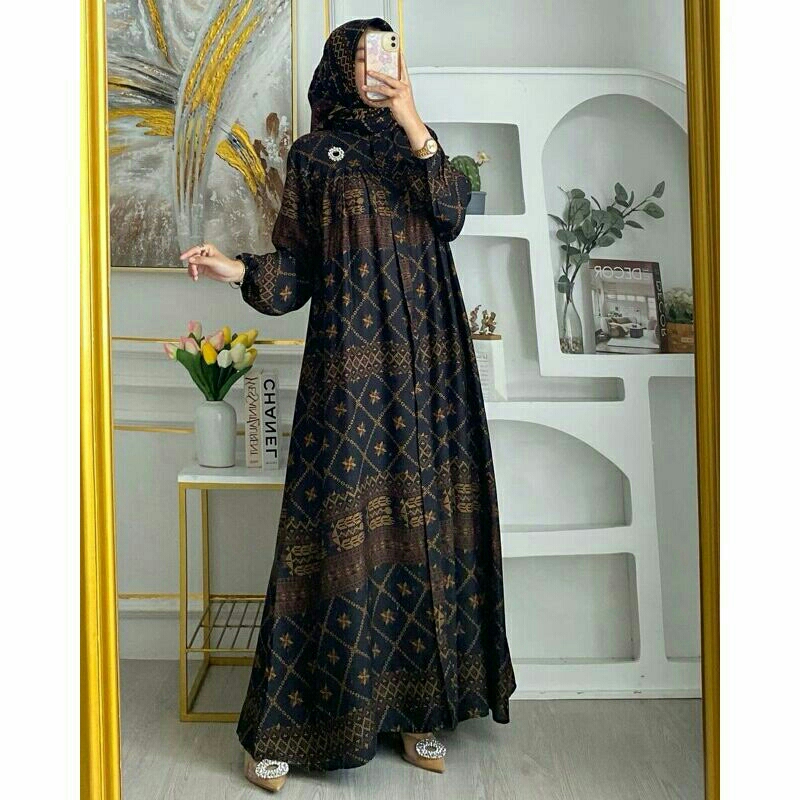 baju gamis lebaran motif terbaru kekinian free hijab syari dewasa