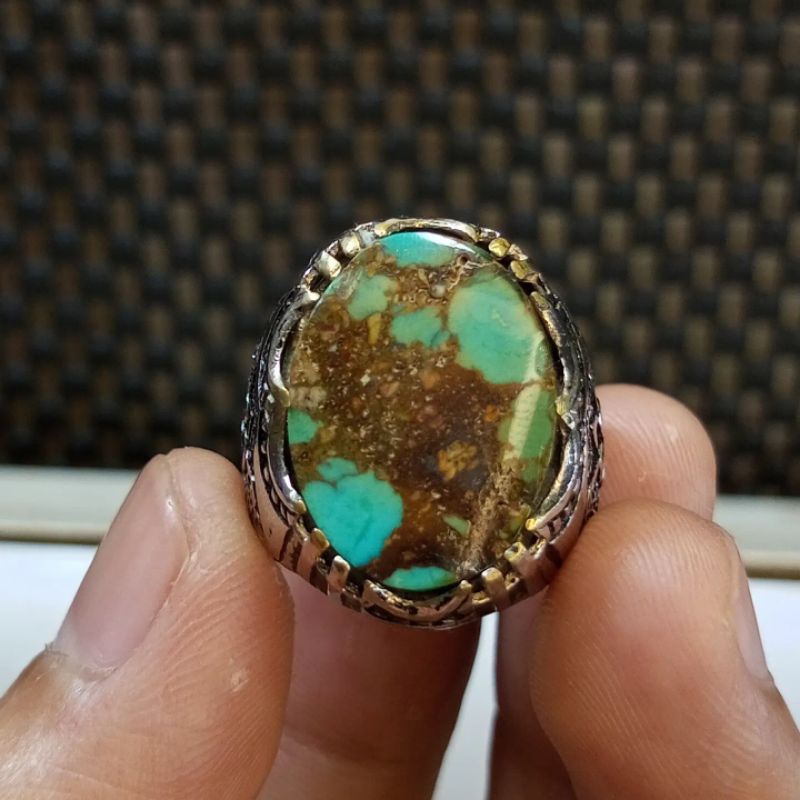 Cincin Batu Pirus Persia Hijau Ceplok Kuro Urat Lawasan